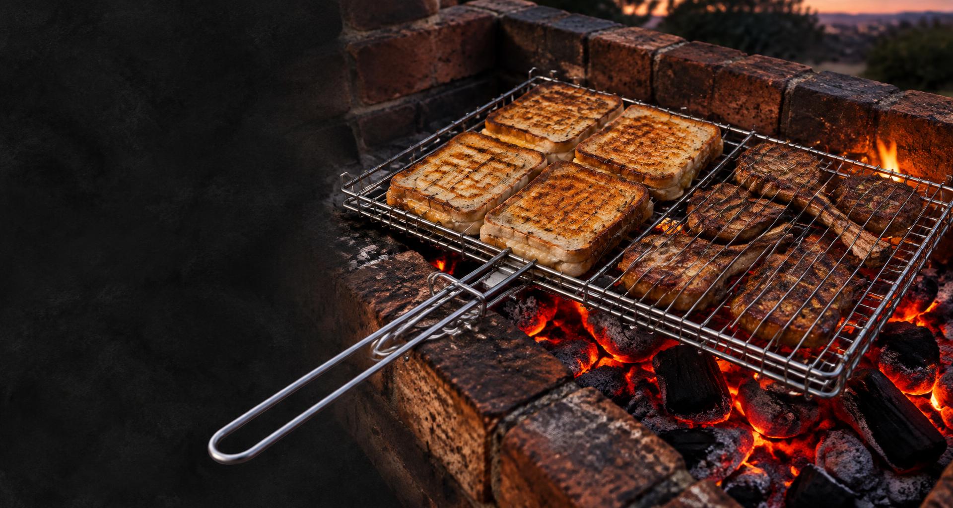 Stainless steel braai grid loaded with toasted braaibroodjies and chops over glowing coals