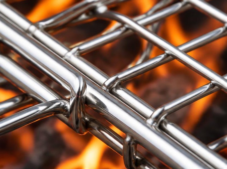 Close-up: polished steel with flame reflections